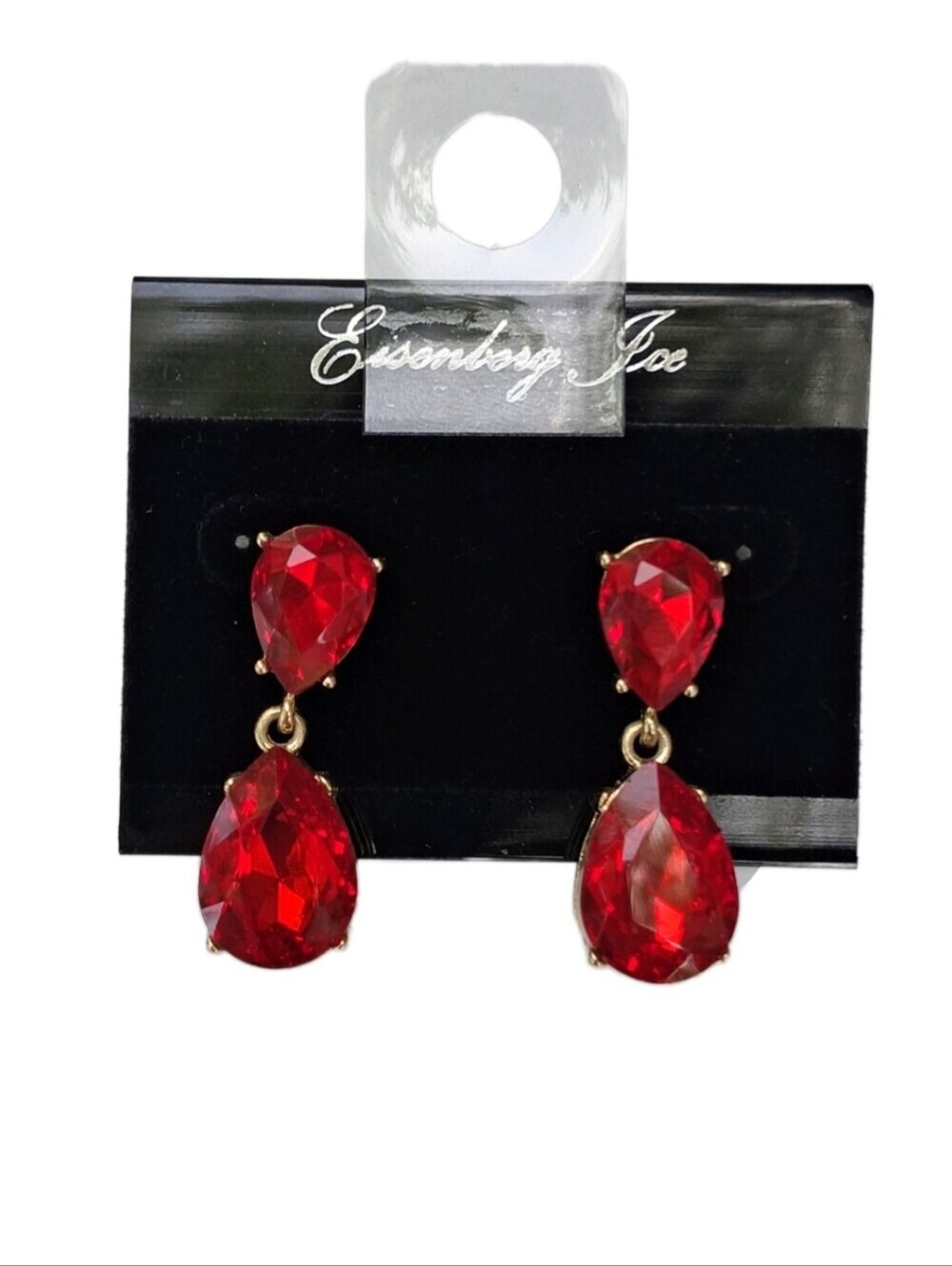Vintage Eisenberg Ice Red Rhinestone Teardrop Dangle Earrings Gold Tone Post